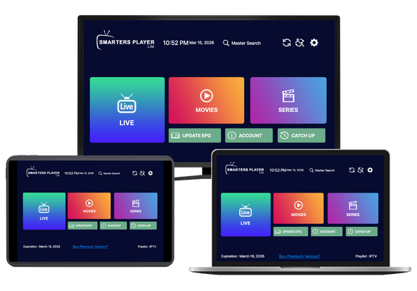 IPTV Smarters Pro Subscription streaming interface on TV, laptop, and mobile devices